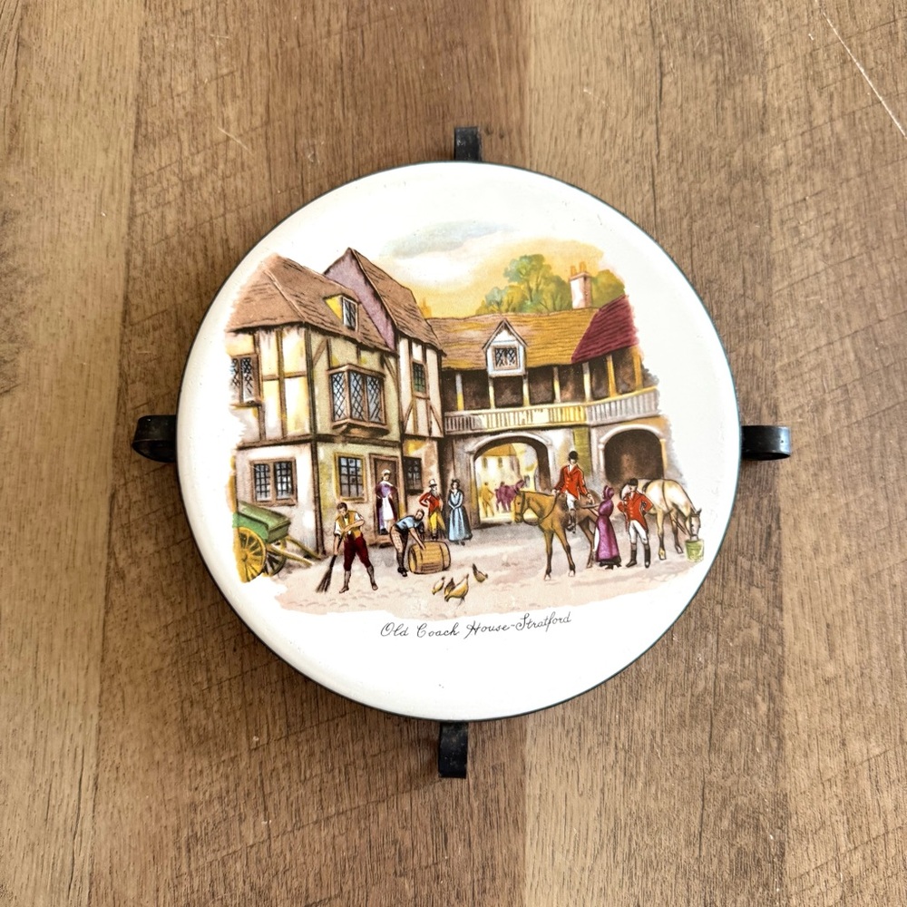 Vintage Old Coach House Stratford Ceramic Trivet with Village Scene Iron Bottom